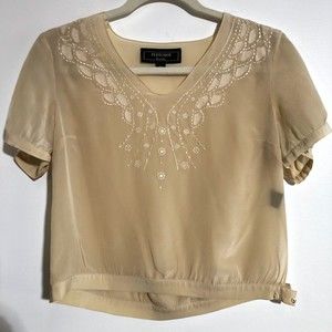 Fletcher Sheer 100% Silk Embroidered Cream/Beige Blouse XS
